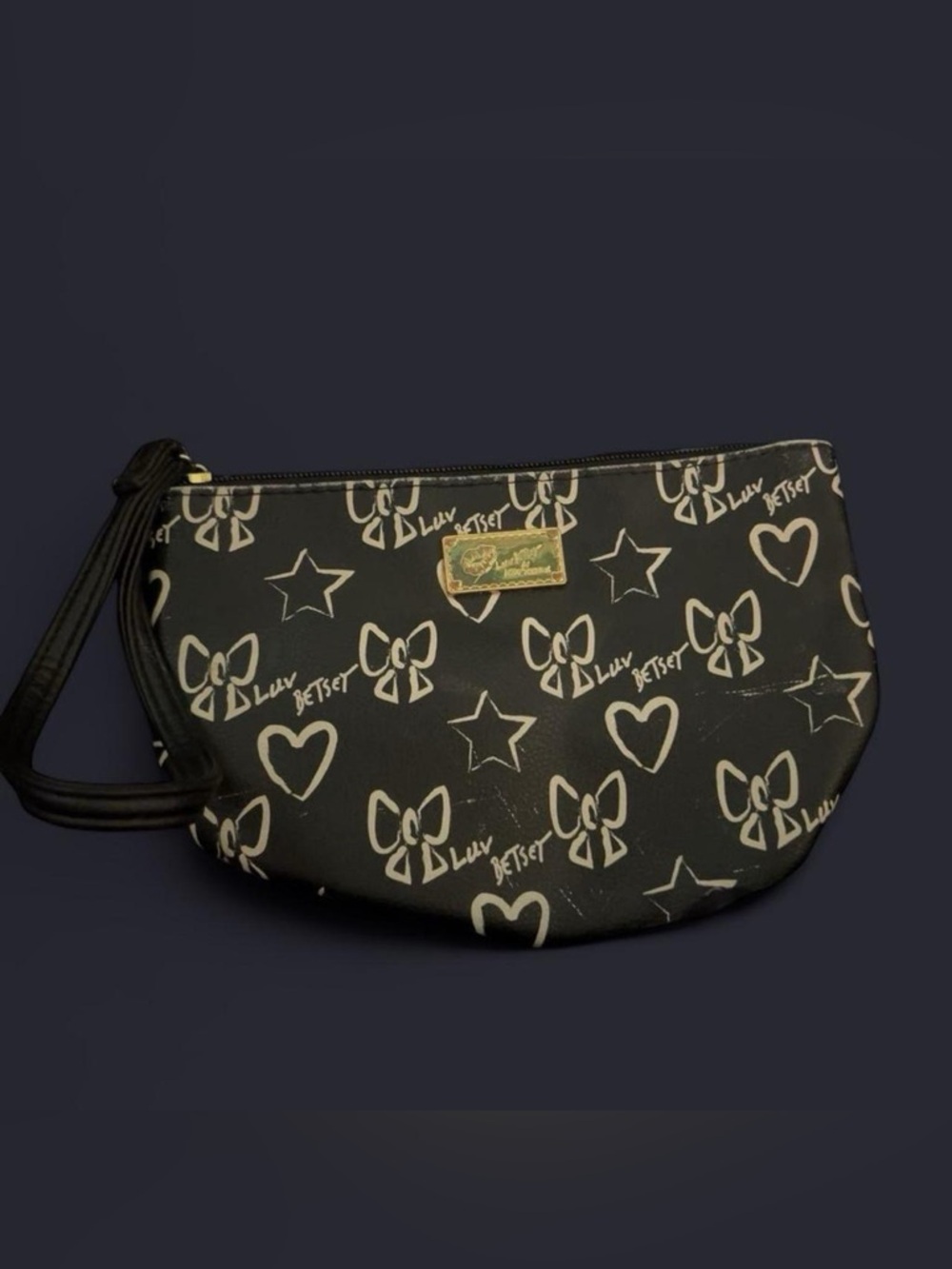 Betsey Johnson Black Wristlet with White Heart, Bow & Star Print